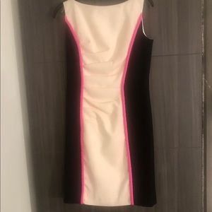 MILLY DRESS, fitted in cream, black & hot pink